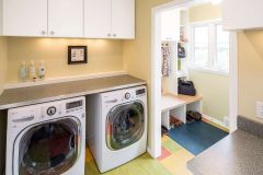 Colorful Laundry Room Brightens Every Day: Mudroom addition with laundry.  Features eclectic style with patterned floor and upbeat palette. 