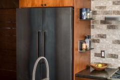 Steampunk Meets Modern kitchen remodel.  Features bar-like kitchen island, coffee-shop atmosphere. 