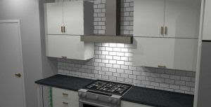 Modern white kitchen with stainless stell range and silver pulls on cabinets 