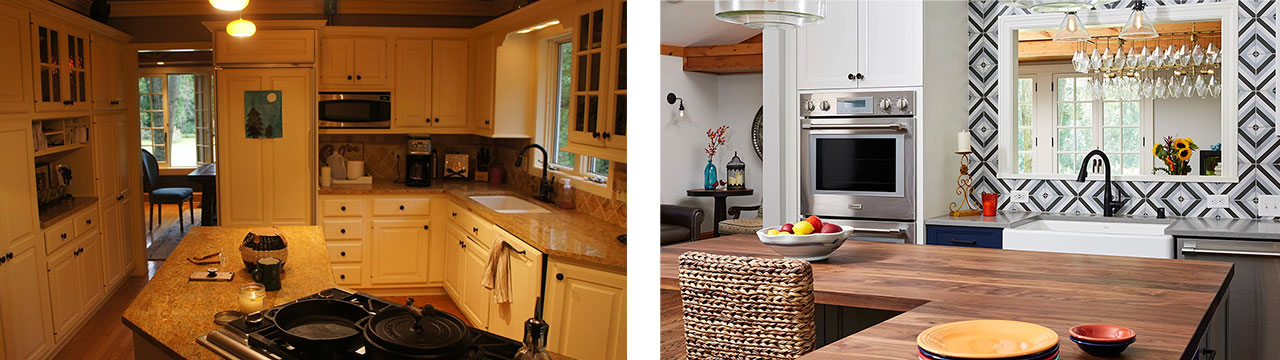 Outdated kitchen island transformed into modern space.