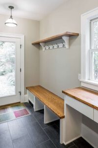 Mudroom with built in bench and storage
