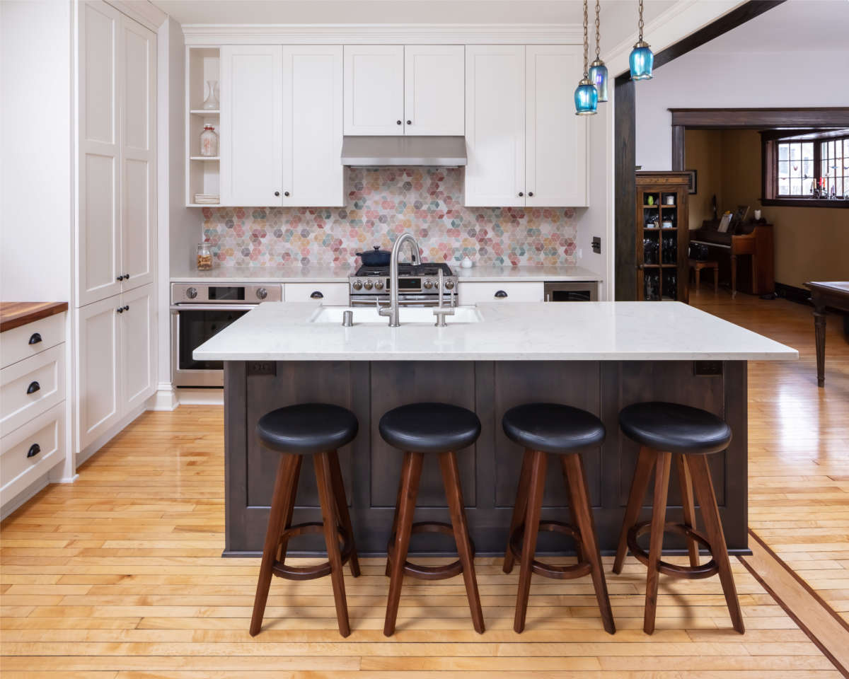 Tradition with a Twist: Transitional Design Kitchen Remodel.  Features  modern textures and colors, reused and recreated historical details, colorful backsplash and kitchen island.