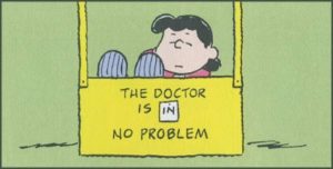 The Doctor is IN blog photo, Lucy from Peanuts comic.