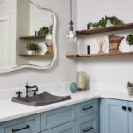 Bluestem Basement Bathroom with light blue vanity