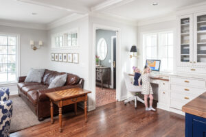 Added desk space - part of luxury kitchen remodel and kitchen addition in colonial home. Remodel features island, butler's pantry, custom royal blue cabinetry and added family room. 