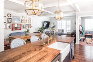 A kitchen island with seating and a sink in a home