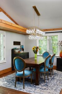 Dining room photo. blue chairs, windows, bright and sunny. 