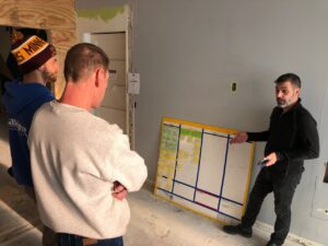 Bluestem owner Timothy Ferraro leading on-site Scrum meeting with production team