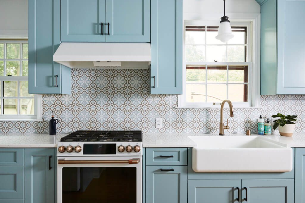 after kitchen remodel photo - light blue cabinetry, farm sink, cute and retro but modern