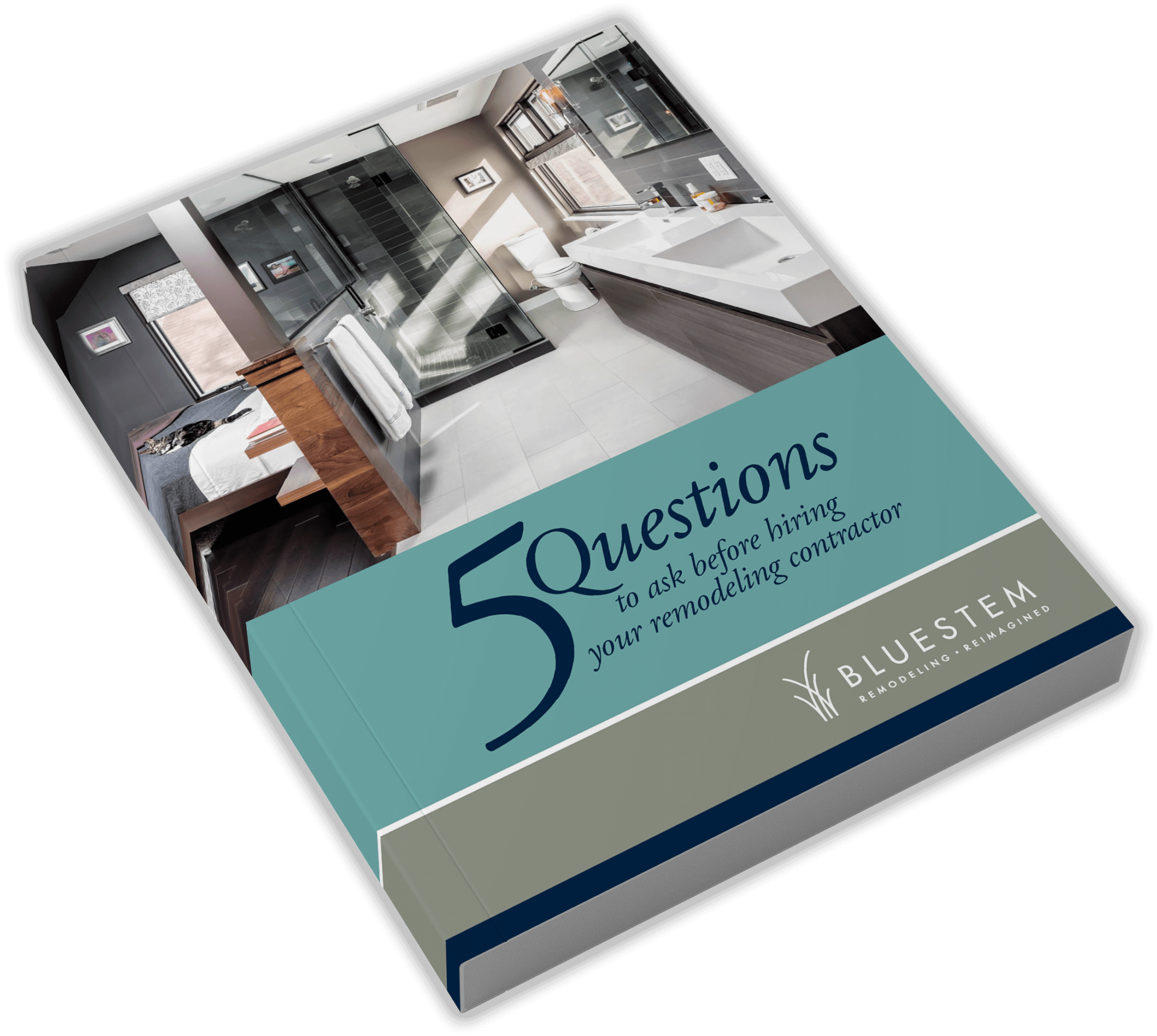 5 Questions to ask your contractor, Bluestem remodeling free eGuide 3d book cover image
