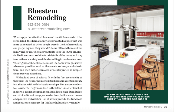 Bluestem kitchen remodel featured in Midwest Home Magazine Hall of Fame Edition 2022 - image from magazine page