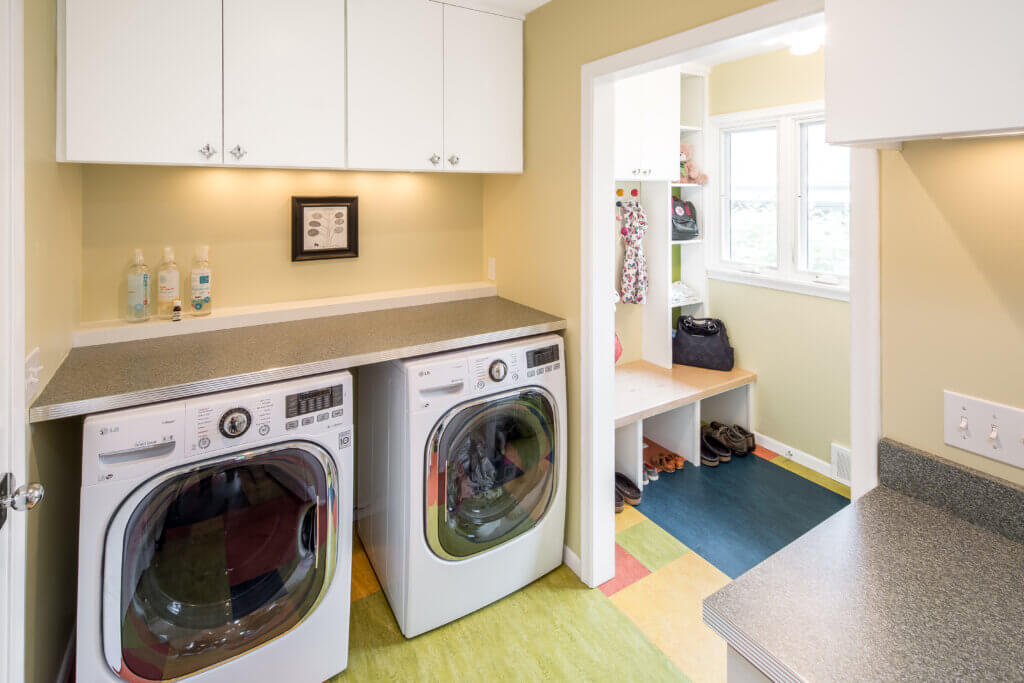 Brightly colored laundry room with yellow walls.