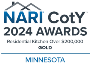 Logo with text that reads: NARI CotY 2024 Awards. Residential kitchen over $200,000. GOLD. Minnesota. 