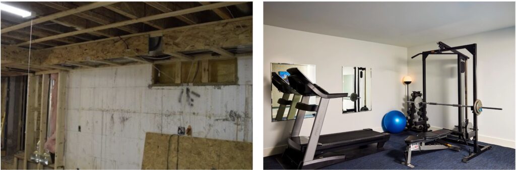 Before and after image of gym remodel.