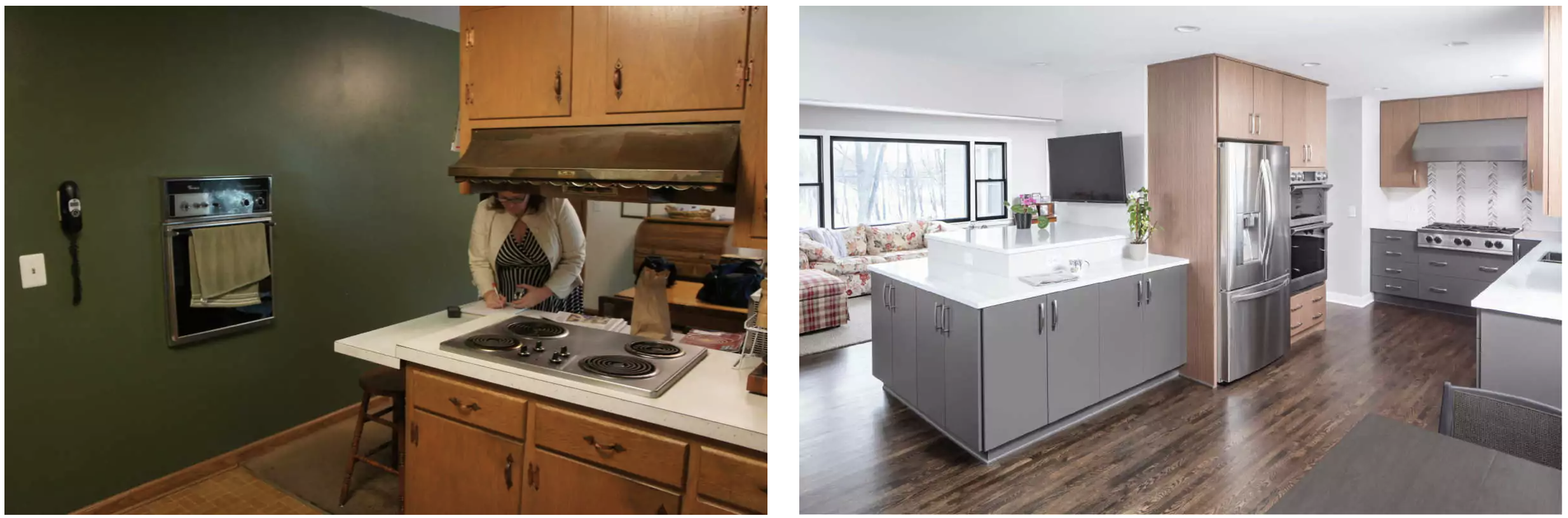 Before and after image of kitchen remodel with swapped dining room and kitchen. 