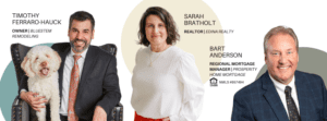 From left to right, Timothy Ferraro-Hauck of Bluestem Remodeling with a white doodle sitting in a chair on a blue circle background. Sarah Bratholt of Edina Realty in a white blouse on a beige circle background. Bart Anderson of Prosperity Home Mortgage in a dark suit and tie on a light grey background. 